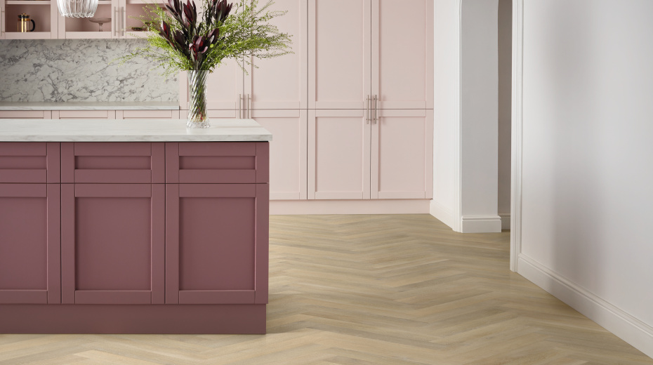 Palio Express Greenwich Oak chevron LVT wood flooring in a kitchen